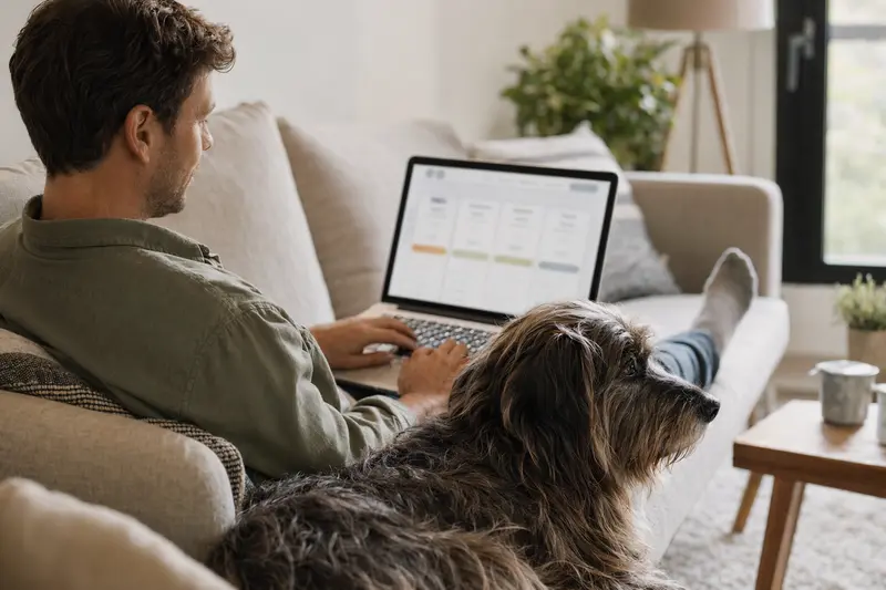 Ein Hundebesitzer sitzt mit Laptop auf dem Sofa und vergleicht Tierkrankenversicherungen, während sein Villano de las Encartaciones-Hund neben ihm sitzt.