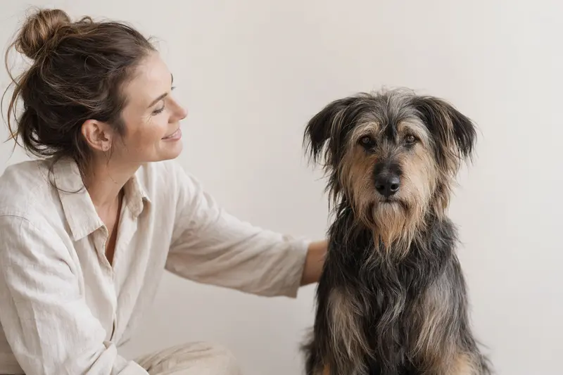 Ein aufmerksamer Villanuco de Las Encartaciones Hund steht vor hellem Hintergrund und zeigt seine typische Körperform.
