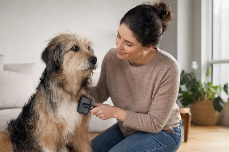Ein Villanuco de Las Encartaciones Hund wird liebevoll von seinem Besitzer in einer hellen Wohnung gebürstet.