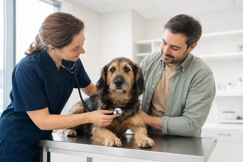 Ein Villanuco de Las Encartaciones Hund wird vorsichtig von einer Tierärztin mit Stethoskop in einer modernen Praxis untersucht, während der Besitzer beruhigend daneben steht.