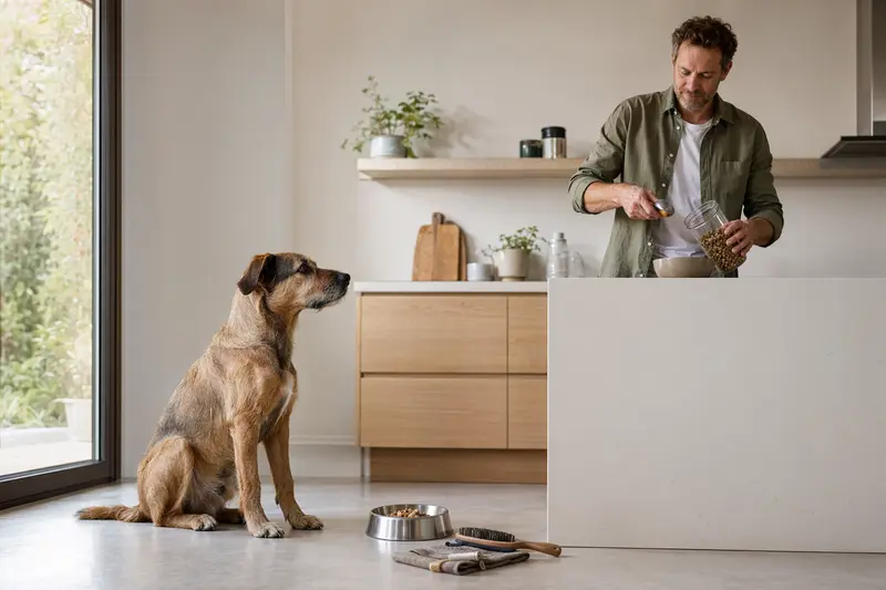 Ein Villanuco de Las Encartaciones Hund sitzt erwartungsvoll neben einem hochwertigen Futternapf und Pflegezubehör in einer modernen, hellen Küche.