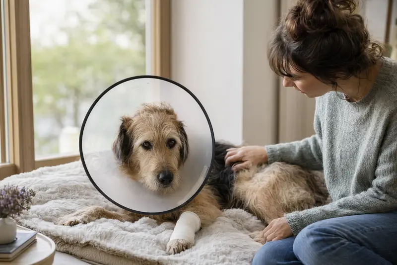 Ein Villanuco de Las Encartaciones Hund mit medizinischem Schutzkragen ruht auf einer Decke neben seinem Besitzer nach einer tierärztlichen Behandlung.