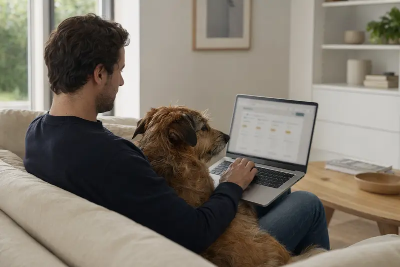 Ein Hundebesitzer sitzt entspannt auf dem Sofa mit einem Villanuco de Las Encartaciones und vergleicht Versicherungsangebote am Laptop.