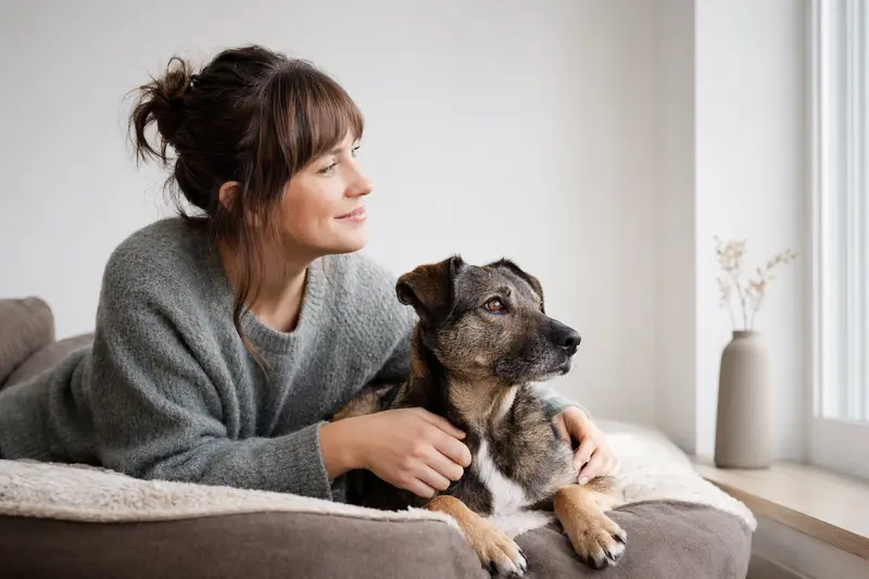 Ein schöner Viringo Hund steht aufmerksam vor einem hellen Hintergrund.
