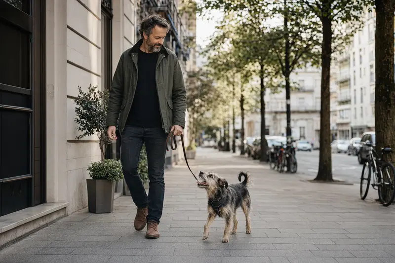 Ein Viringo Hund läuft entspannt an der Leine mit seinem Besitzer durch eine moderne, saubere Stadtstraße.