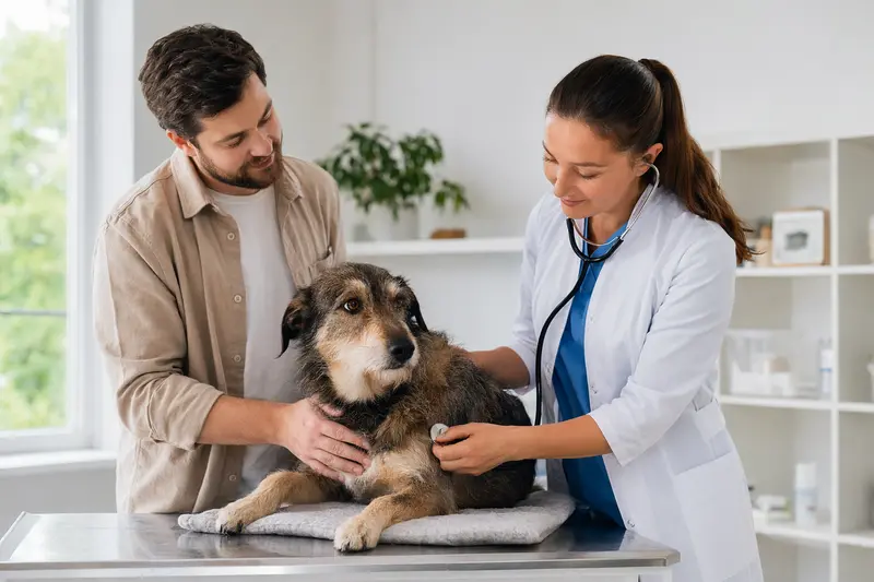 Ein ruhiger Viringo Hund wird von einer freundlichen Tierärztin auf einem Untersuchungstisch sorgfältig untersucht.