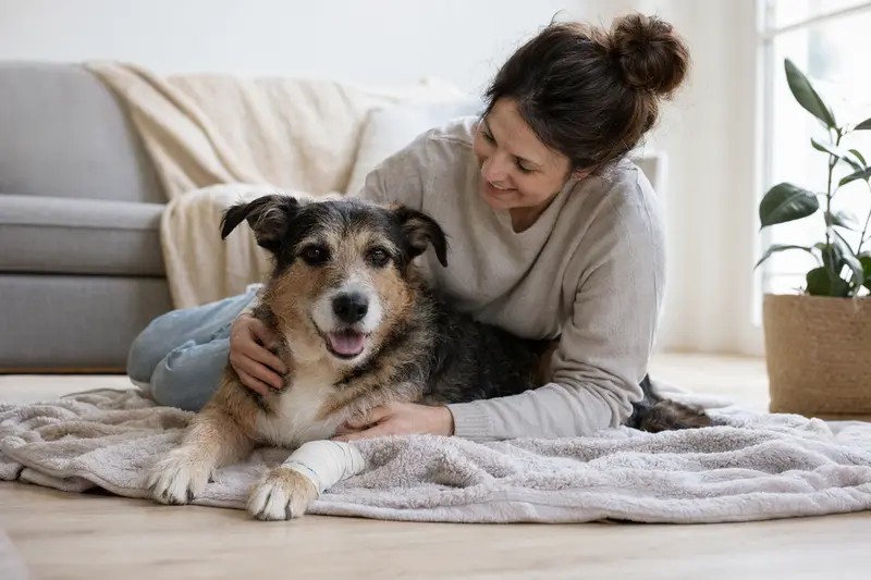 Ein Viringo Hund mit einem leichten Verband an der Pfote liegt entspannt auf einer Decke, während sein Besitzer erleichtert neben ihm sitzt.