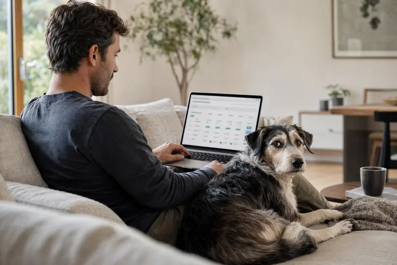 Ein Hund sitzt neben einem Besitzer auf dem Sofa, der am Laptop eine neutrale Versicherungsvergleichsseite betrachtet.