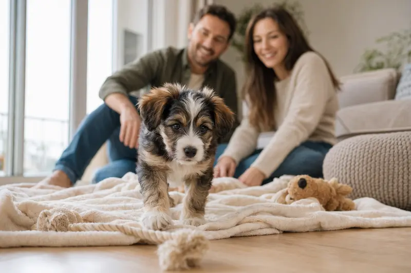 Ein junger Viringo Welpe erkundet neugierig sein neues Zuhause mit einer liebevollen Familie im Hintergrund.