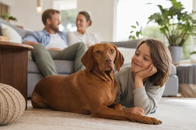 Ein entspannter Vizsla Hund liegt neben einem Kind im Wohnzimmer und genießt die familiäre Atmosphäre.