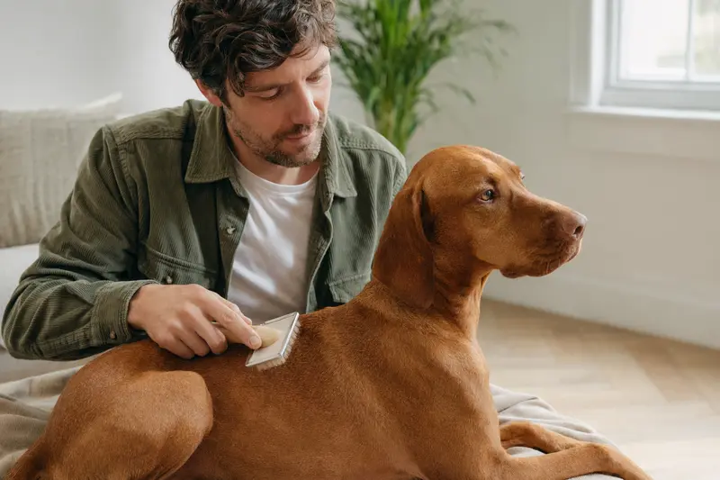 Ein Vizsla Hund wird von seinem Besitzer liebevoll in einer hellen Wohnung gebürstet, was die Bedeutung der Fellpflege für die Gesundheit und das Wohlbefinden des Hundes unterstreicht.