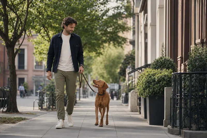 Ein Vizsla Hund läuft an der Leine mit seinem Besitzer durch eine moderne Stadtstraße im natürlichen Licht.
