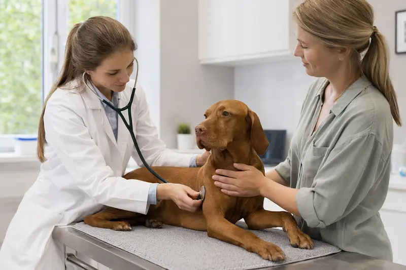 Ein ruhiger Vizsla Hund wird von einer freundlichen Tierärztin auf einem modernen Untersuchungstisch mit einem Stethoskop untersucht.