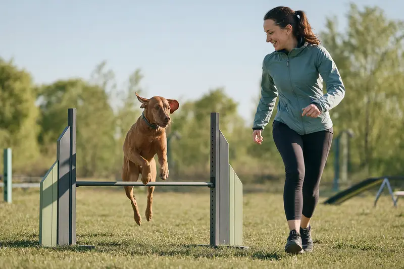 Ein aktiver Vizsla springt mit seinem Besitzer über eine kleine Trainingshürde auf dem Hundeplatz in sonniger, klarer Atmosphäre.