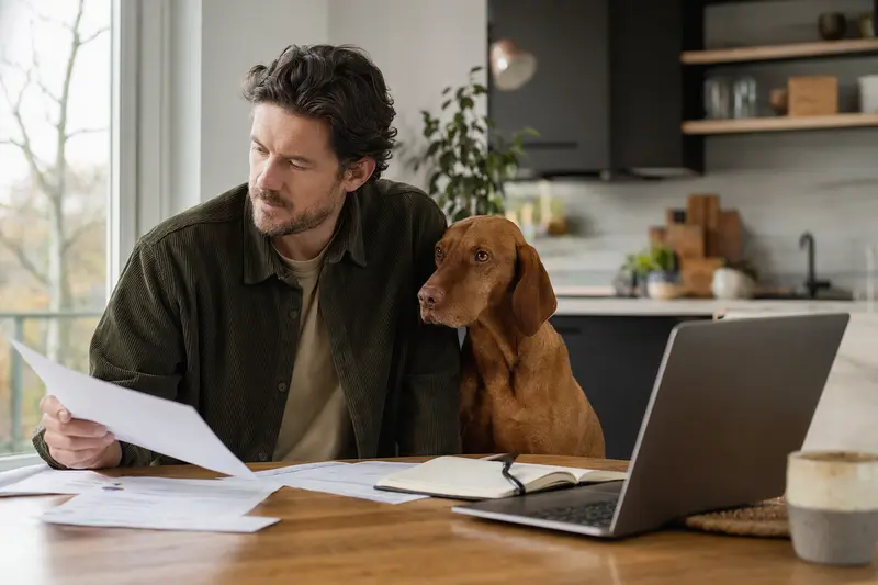 Ein Vizsla Hund sitzt entspannt neben seinem Besitzer am Küchentisch, auf dem Versicherungsunterlagen und ein Laptop mit Vergleichsseite liegen.