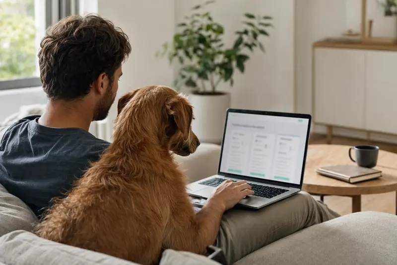 Ein Hundehalter sitzt mit einem Laptop auf dem Sofa, während ein Vizsla daneben entspannt, und der Bildschirm zeigt eine neutrale Versicherungsvergleichsseite.