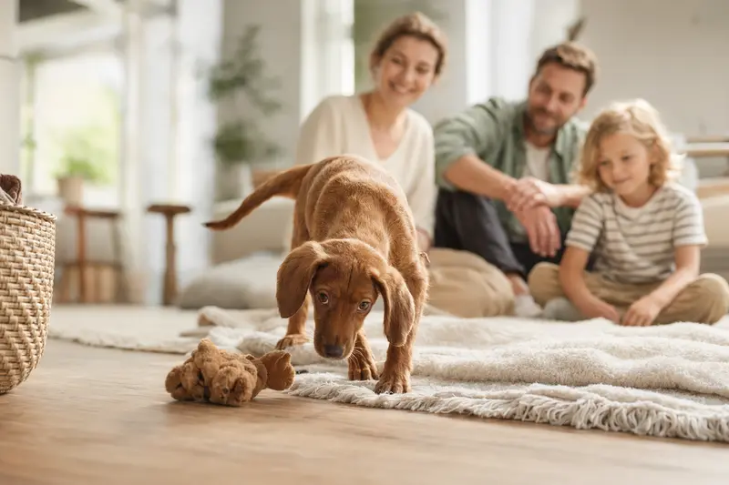 Ein neugieriger Vizsla Welpe erkundet freundlich seine neue Umgebung mit einer weichen Decke und Spielzeug, während eine liebevolle Familie im Hintergrund zu sehen ist.