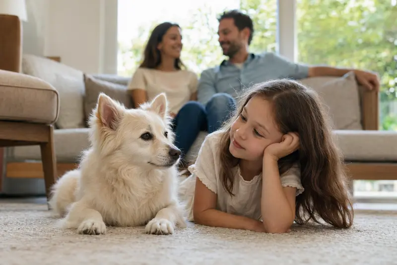 Ein freundlicher Volpino Italiano Hund liegt entspannt neben einem Kind im Wohnzimmer und vermittelt eine warme Familienatmosphäre.