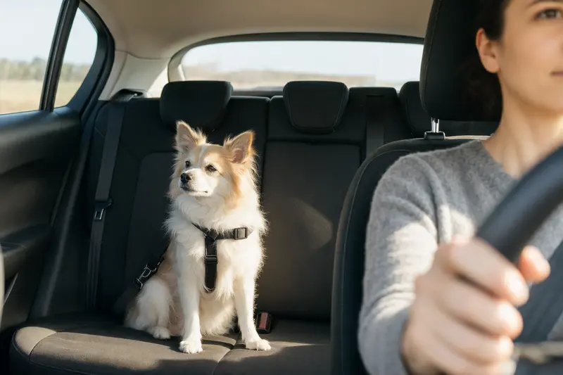 Ein Volpino Italiano Hund sitzt angeschnallt auf der Rückbank eines Autos und genießt die Fahrt bei Sonnenlicht.