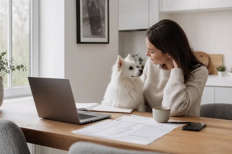 Ein Volpino Italiano Hund sitzt neben seinem Besitzer am Küchentisch, wo Versicherungsunterlagen und ein Laptop liegen.