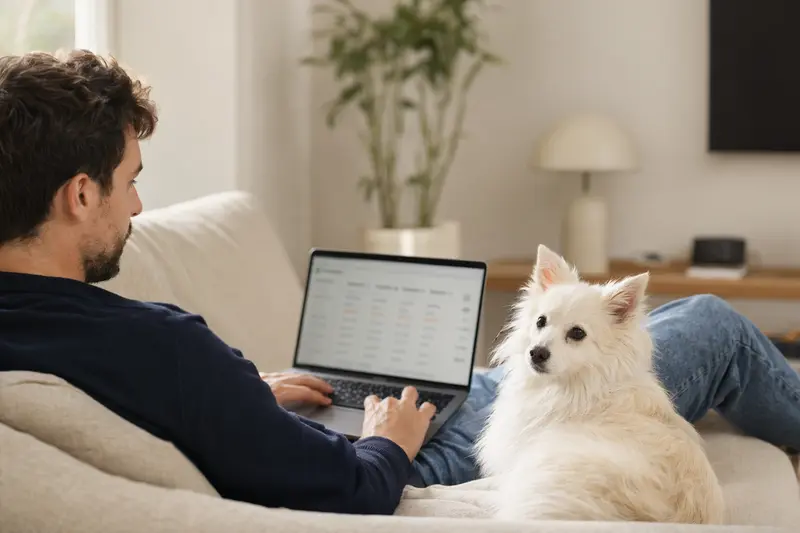 Ein Hundebesitzer arbeitet mit seinem Laptop auf dem Sofa, während ein Volpino Italiano neben ihm sitzt, und eine Versicherungsvergleichsseite unscharf auf dem Bildschirm angezeigt wird.