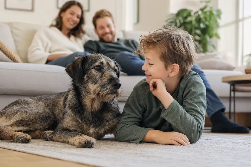 Ein freundlicher Wachtelhund liegt entspannt neben einem Kind im hellen Wohnzimmer, während die Eltern im Hintergrund eine sichere Familienatmosphäre schaffen.