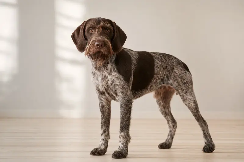 Ein aufmerksam stehender Wachtel Hund im professionellen Portrait vor hellem Hintergrund.