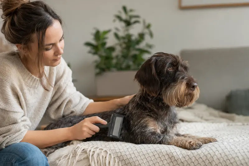 Ein Wachtelhund wird in einer hellen Wohnung sanft gebürstet, während sein Besitzer die Fellpflege liebevoll übernimmt.