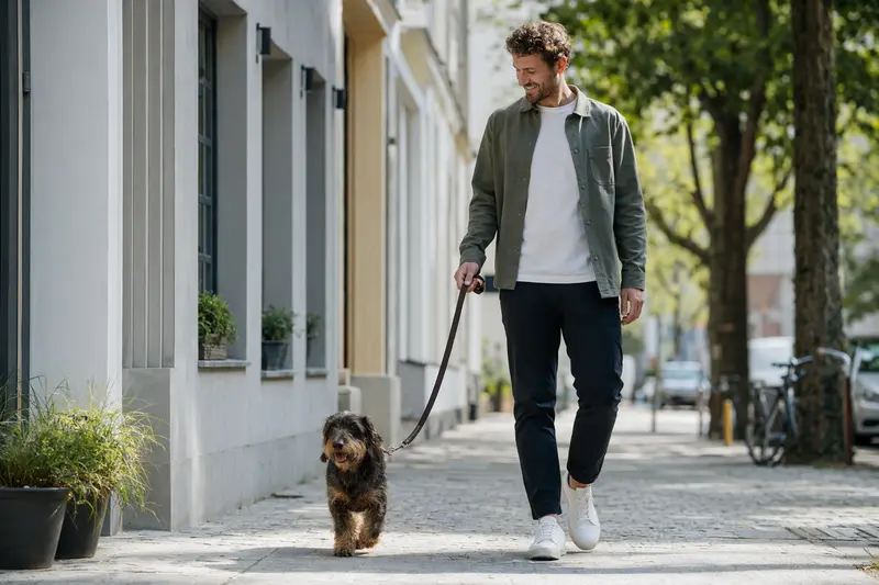 Ein Wachtelhund läuft an der Leine neben seinem Besitzer durch eine moderne Stadtstraße.