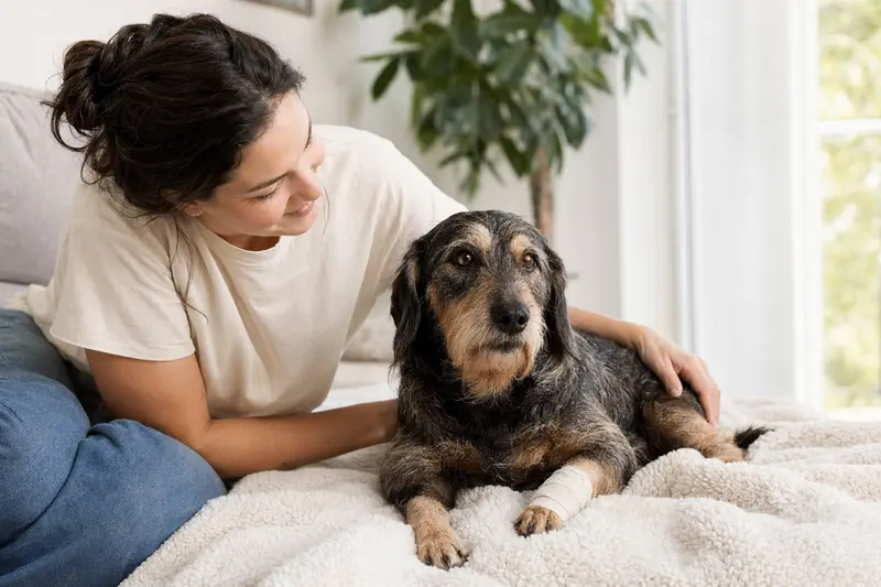 Ein Wachtelhund mit leicht verbundenen Pfote liegt ruhig auf einer Decke, während sein Besitzer erleichtert neben ihm sitzt.