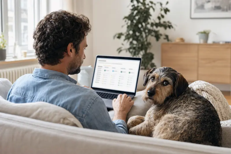 Ein Hundebesitzer arbeitet an seinem Laptop auf dem Sofa, während ein Wachtelhund an seiner Seite sitzt und eine neutrale Versicherungsvergleichsseite im Hintergrund sichtbar ist.