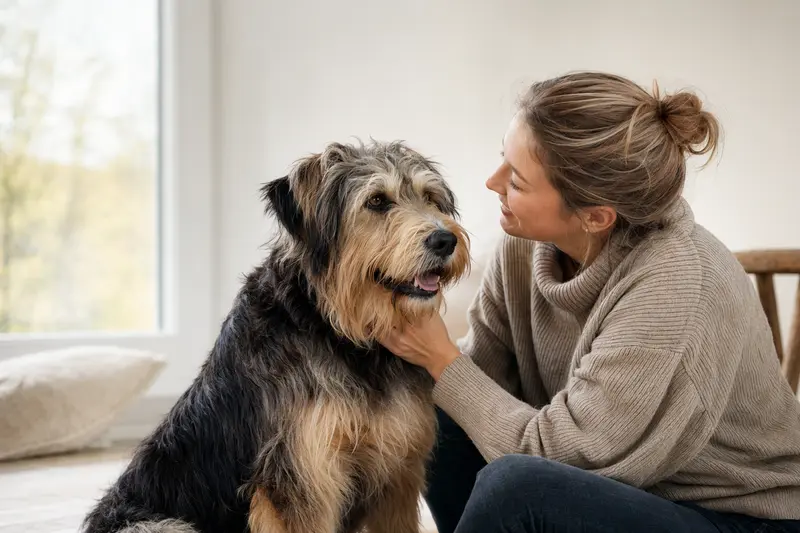 Ein aufmerksamer Wäller Hund steht in natürlicher Haltung vor hellem Hintergrund und zeigt die typische Körperform und Fellstruktur der Rasse.