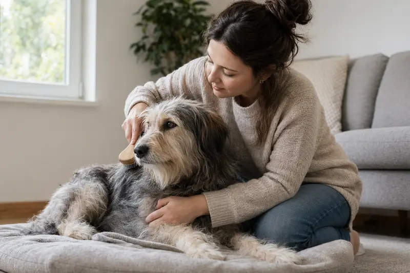 Ein Wäller Hund wird in einer hellen Wohnung liebevoll gebürstet und gepflegt.