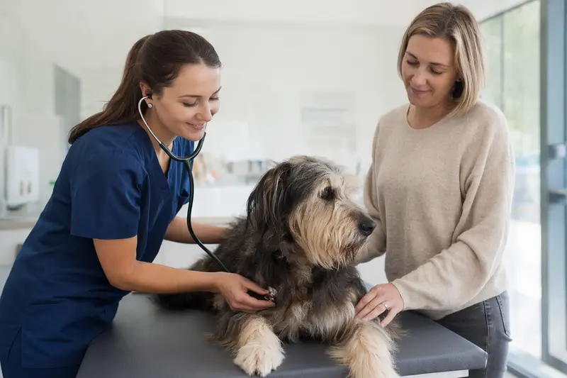 Ein Wäller Hund wird sanft von einer Tierärztin mit Stethoskop in einer modernen Tierarztpraxis untersucht, während der Besitzer beruhigend daneben steht.
