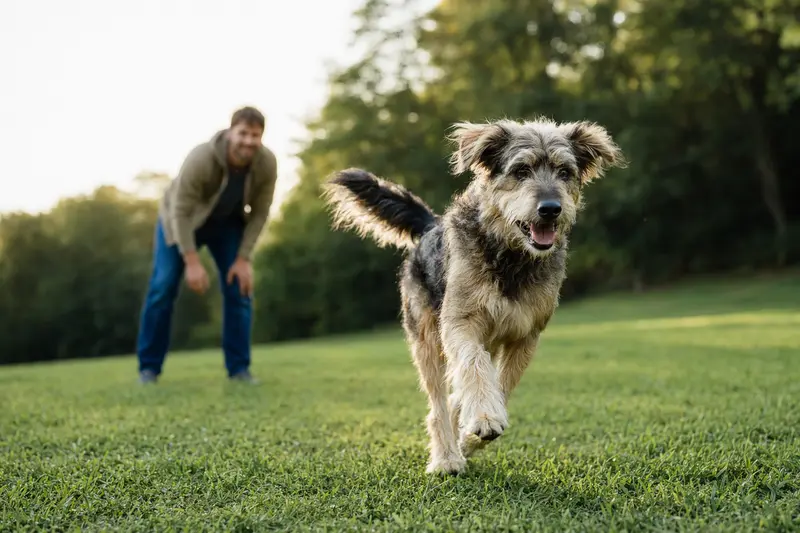 Ein vitaler Wäller Hund läuft fröhlich über eine grüne Wiese, während sein Besitzer im Hintergrund mit ihm spielt.