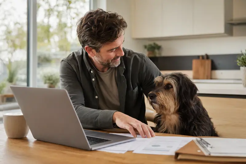 Ein Wäller Hund sitzt entspannt neben seinem Besitzer am Küchentisch, während Versicherungsunterlagen und ein Laptop darauf liegen.