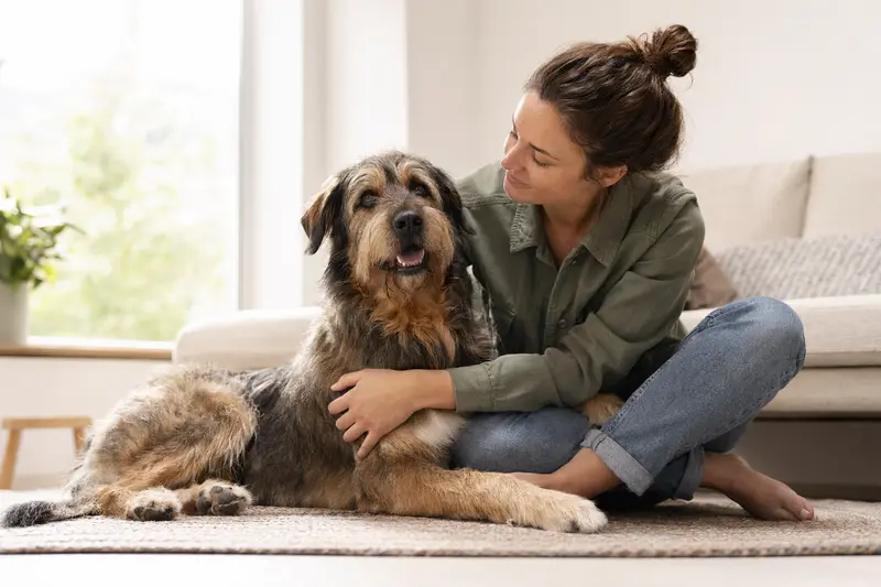 Ein glücklicher Hund sitzt entspannt neben seinem Besitzer in einer modernen Wohnung.
