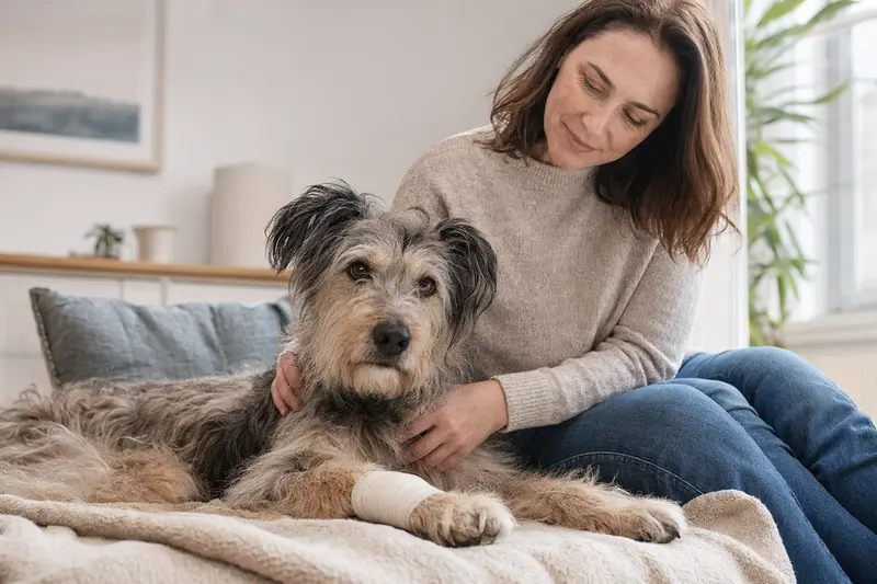 Ein Wäller Hund mit bandagierter Pfote liegt entspannt neben seinem Besitzer in einer hellen, gemütlichen Wohnung.