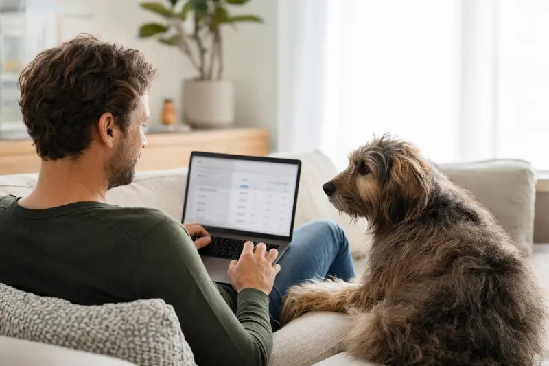 Ein Hundebesitzer arbeitet am Laptop auf dem Sofa, neben ihm ein Wäller Hund, während er sich über Tierkrankenversicherungen informiert.
