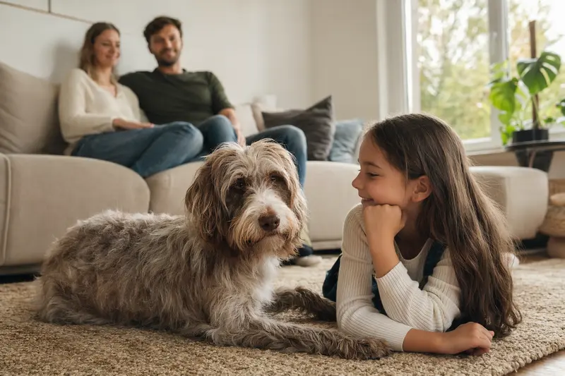 Ein freundlicher Wasserhund der Romagna liegt entspannt neben einem Kind im Wohnzimmer, während die Eltern im Hintergrund in einer hellen Familienatmosphäre zu sehen sind.