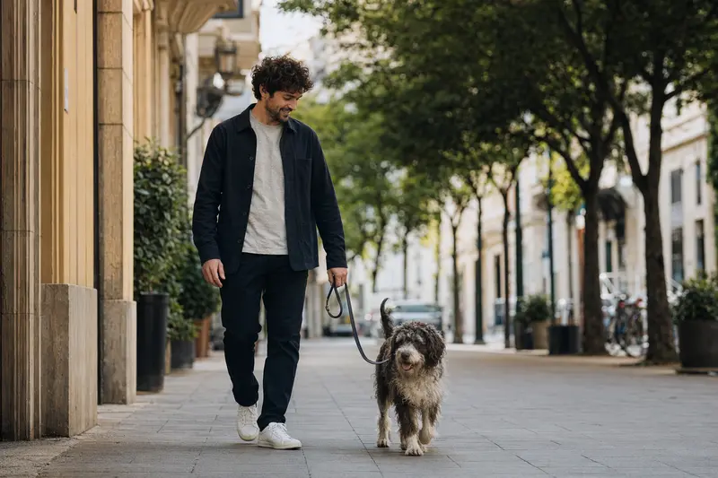 Ein Wasserhund der Romagna läuft an der Leine mit seinem Besitzer durch eine freundliche moderne Stadtstraße.