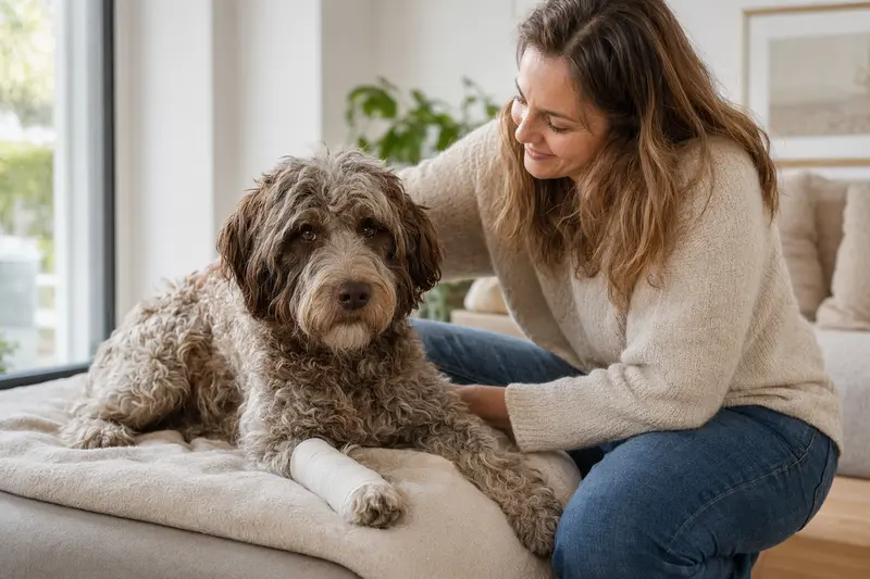 Ein Wasserhund der Romagna liegt mit leicht verbundenem Pfötchen ruhig auf einer Decke, während sein Besitzer neben ihm sitzt und erleichtert wirkt.