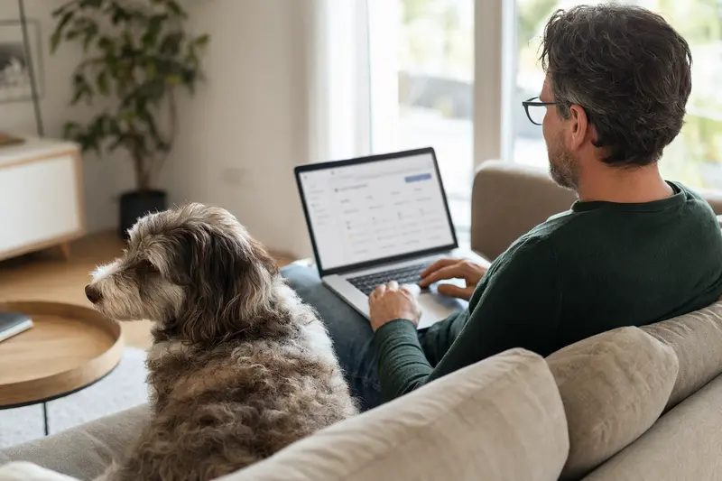 Ein Besitzer arbeitet am Laptop auf dem Sofa, während ein Wasserhund der Romagna daneben sitzt, was eine entspannte und sichere Entscheidungsfindung zur Tierkrankenversicherung symbolisiert.