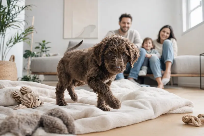 Neugieriger Wasserhund der Romagna Welpe entdeckt sein neues Zuhause auf einer weichen Decke neben Spielzeug in einer hellen Wohnung.