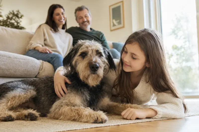 Ein freundlicher Waterside Terrier liegt entspannt neben einem Kind im Wohnzimmer und vermittelt eine vertrauensvolle Atmosphäre.