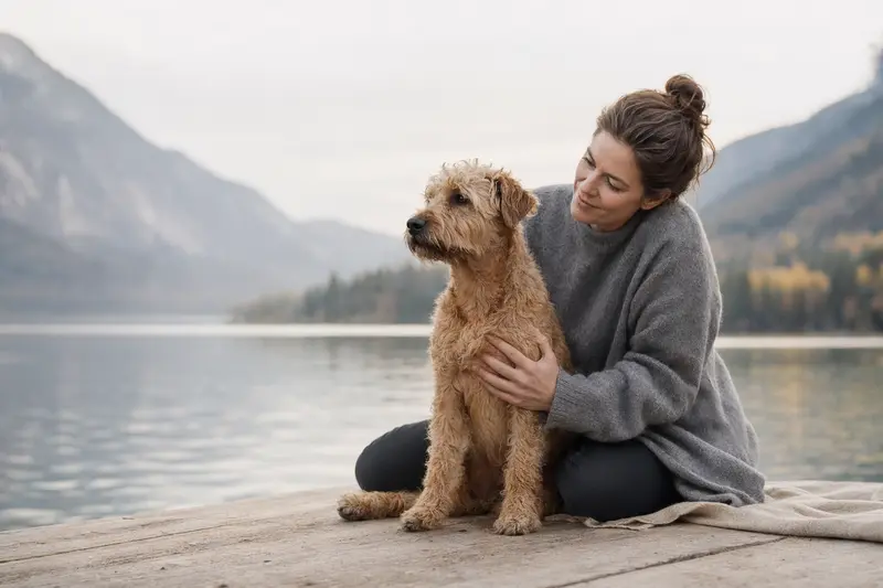 Ein aufmerksamer Waterside Terrier steht in natürlicher Haltung vor hellem Hintergrund und zeigt die typische Fellstruktur der Rasse.