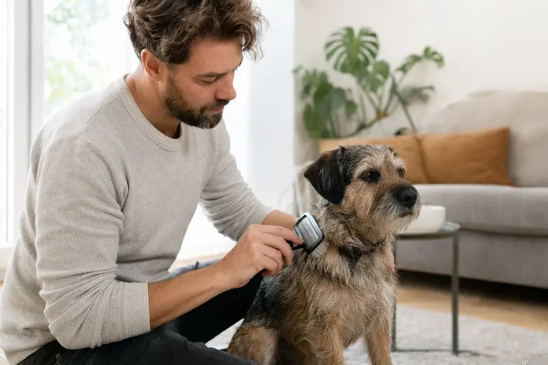 Ein Waterside Terrier wird in einer hellen Wohnung sanft gebürstet, während sein Besitzer liebevoll die Fellpflege übernimmt.