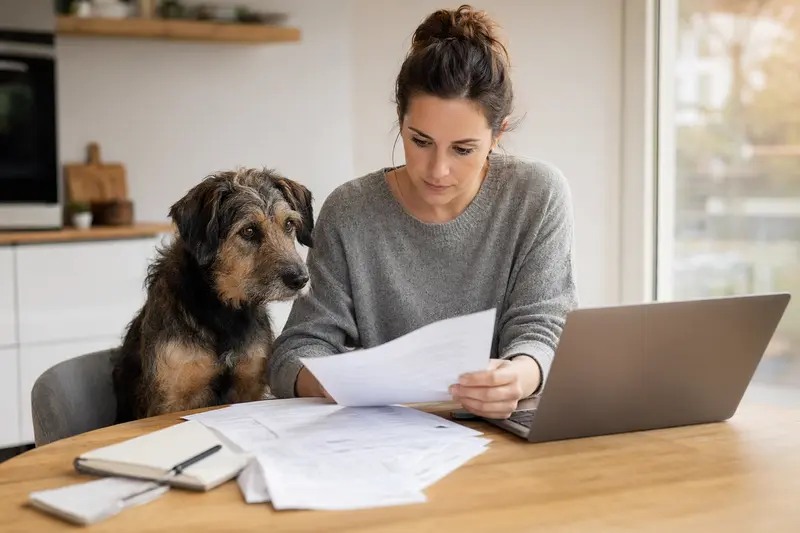Ein ruhiger Waterside Terrier sitzt neben seinem Besitzer am Küchentisch mit Versicherungsunterlagen und einem Laptop.