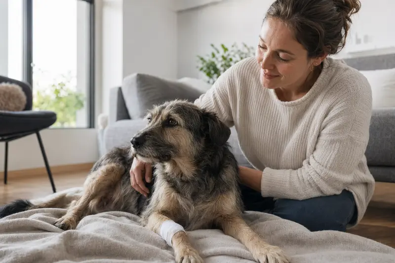 Ein Waterside Terrier mit einem leichten Verband liegt gemütlich auf einer Decke, während sein erleichterter Besitzer neben ihm sitzt.