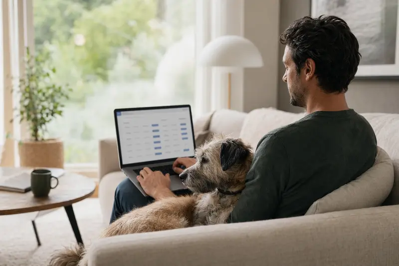 Ein Hundebesitzer arbeitet entspannt am Laptop, während sein Waterside Terrier neben ihm sitzt.